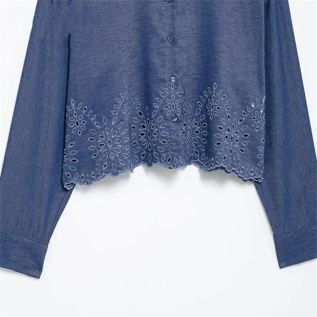Women's Hollow Embroidery Lapel Solid Color Shirt