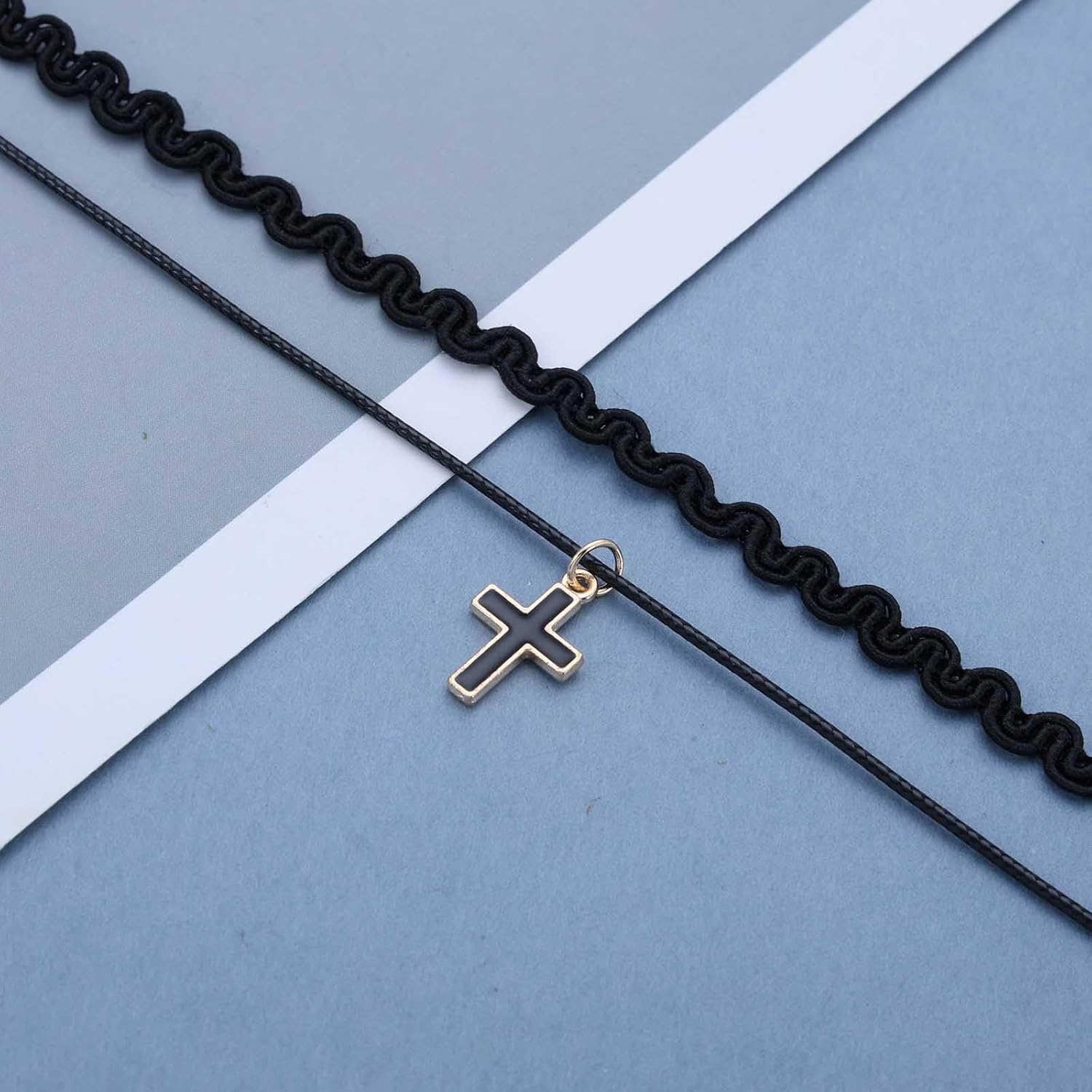Boho Layered Cross Choker Necklace Cross Crucifix Necklaces Black Leather Collar Necklaces Wavy Lace Choker Crucifix Leather Necklace Jewelry for Women - Image 5