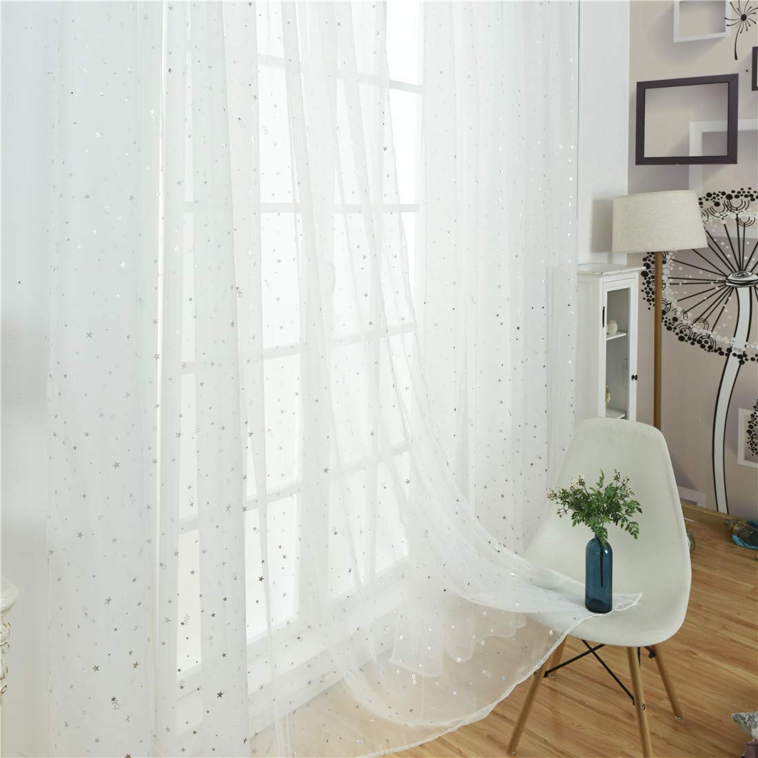 Silber Metallic Look Sterne Voile Gardine Transparent Vorhang für Wohn- und Schlazimmer Voile Fenster Gardinen Dekoration 2er Set Vorhänge,Weiß,W140xL180cm