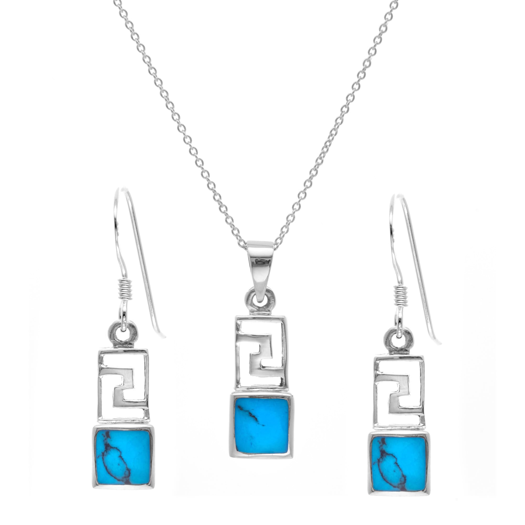 Silverly Set di Gioielli da Donna in Argento Sterling con Chiave Greca Rettangolare Turchese | Orecchini e Collana in Argento 925 con Chiave Greca | Design Geometrico in Stile Azteco