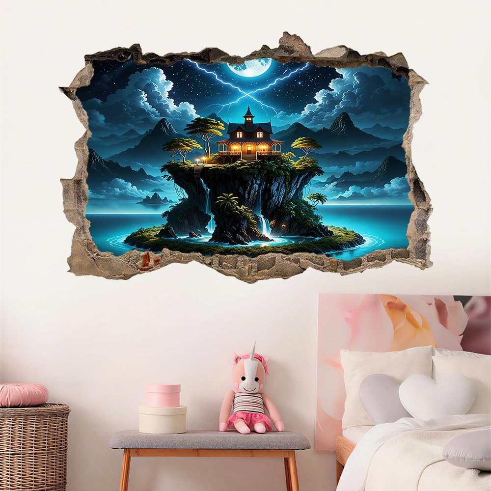 3D Durchbruch Wandtattoo Mädchen Kinderzimmer Inselhäuser Wandaufkleber Dekorative Landschaft Am Moon Mountain Lake Wandsticker für Junge Teenager Zimmer Wohnzimmer Schlafzimmer Wandbilder Deko