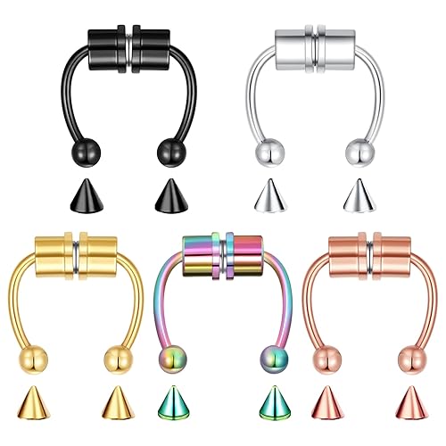 VELCARE 5-18 Pcs Nose Rings Hoops Fake Nose Ring Fake Septum Fake Lip Rings Fake Septum Piercing Fake Nose Piercing Fake Nose Hoop Double Hoop Nose Ring Fake Double Nose Ring Nose Cuffs Faux Nose Rings Clip On Cartilage Hoop Earring Magnetic Nose Ring Magnetic Septum Nose Ring - C0: 5Pcs Magnetic Septum Nose Rings