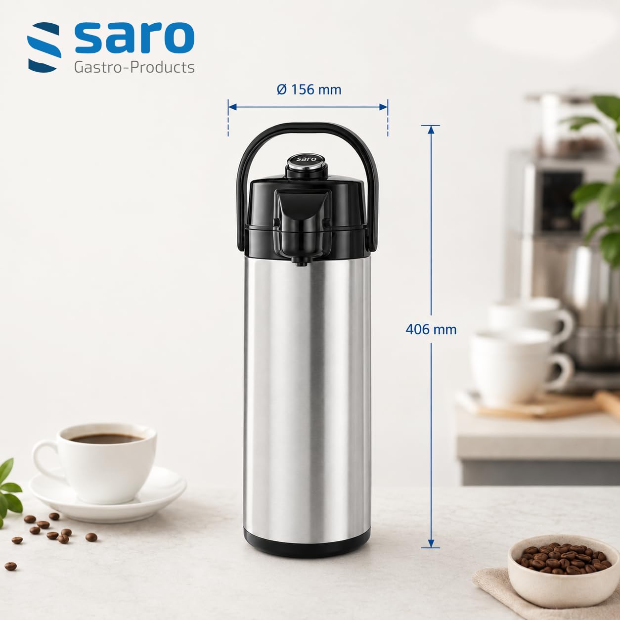 Saro - Thermos à Pompe pour Restauration et Buffet, 2,2 l, pour Boissons Chaudes et Froides, avec Poignée, Intérieur et Extérieur en Acier Inoxydable