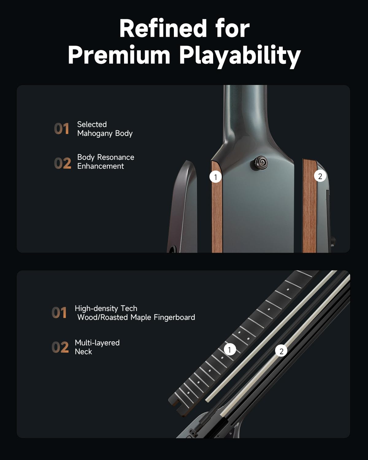 Donner HUSH X PRO E-Gitarren-Kit – Intelligente Reisegitarre mit Dutzenden voreingestellter Kombinationen, 7 Tone Sim Optionen, Midnight Glow