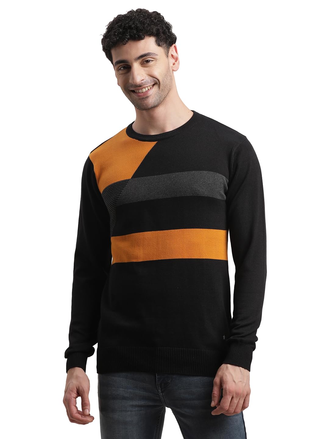 Men Black/Yellow Knitted Solid Round Neck Pullover-image-43