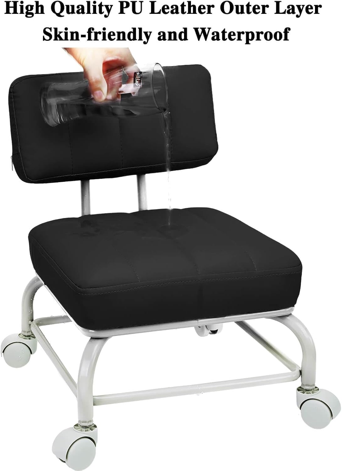 Rolling Stool with Back Rest Roller Chair Heavy Duty Rolling Stools with Wheels for Home Office Garage Mechanic Flooring Cleaning Shop Black