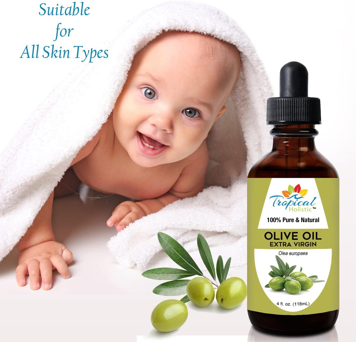 Tropical Holistic Extra Virgin Organic Olive Oil 4 oz - Cold Pressed Unrefined - Use For Face, Skin, Hair, Dry Scalp, Massage (Pack of 2)