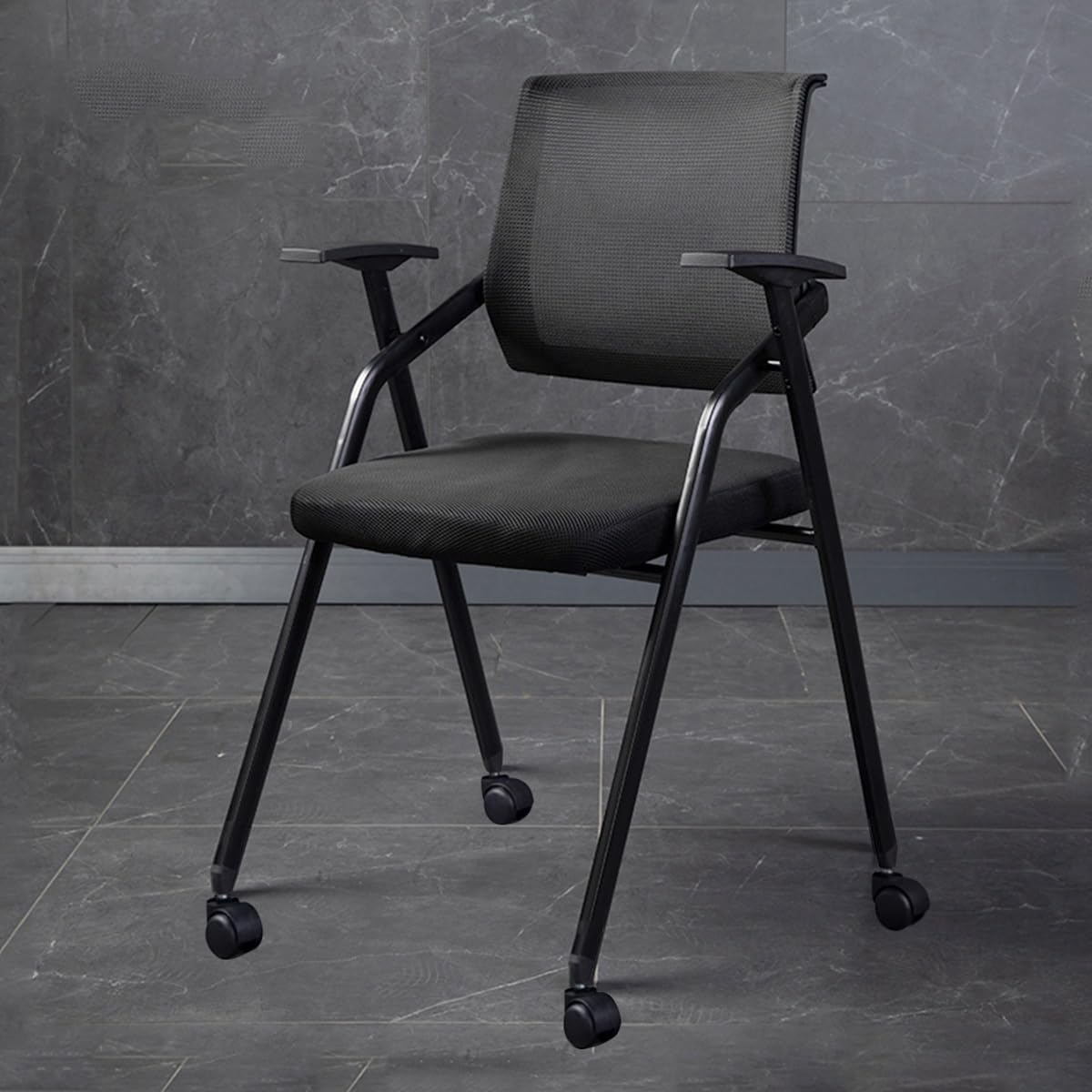 YCKEGEW Conference Chairs with Wheels Ergonomic Office Chair,Folding Chair for Home School Training Room Waiting Room, Mesh Stacking Chair Arm Chairs (Color : Nero)