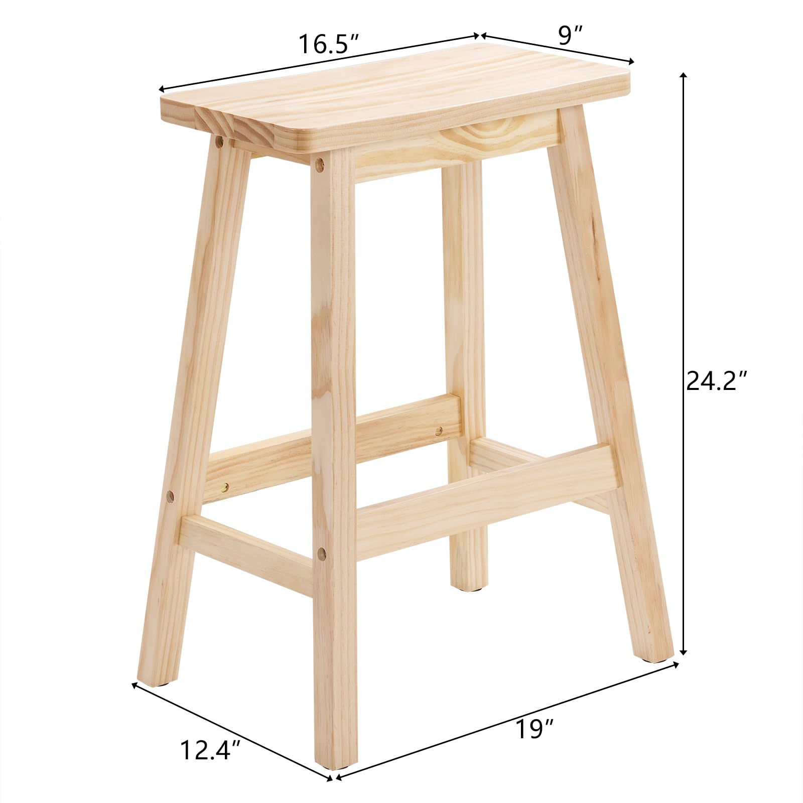 Bonnlo Tabouret de Bar Lot de 2 en Bois, Chaise Cuisine Couleur Bois Naturel, Tabouret de Salle à Manger, Forme Coussin, Facile à Monter, 61cm de Haute