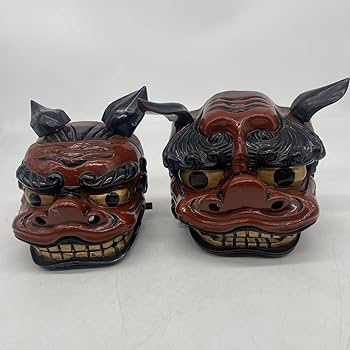 Amazon | 獅子舞縁起物時代物獅子頭魔除け木彫置物能面2体セット売り