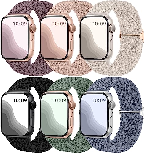 Maledan 6 Stück Geflochtenes Armband Kompatibel mit Apple Watch Armband 40mm 41mm 38mm 42mm Damen Herren, Elastisches Nylon Sport Solo Loop Ersatzband für iWatch SE Series 11 10 9 8 7 6 5 4 3 2 1