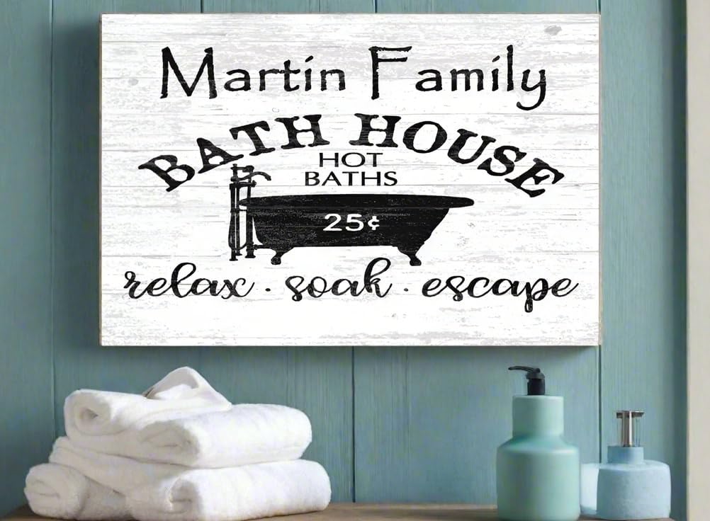 Custom Vintage Bathroom Sign Funny Farmhouse Decor Personalized Family Name - SOLID WOOD - 16.5in x 10.5in Bath House - Relax Soak Escape)