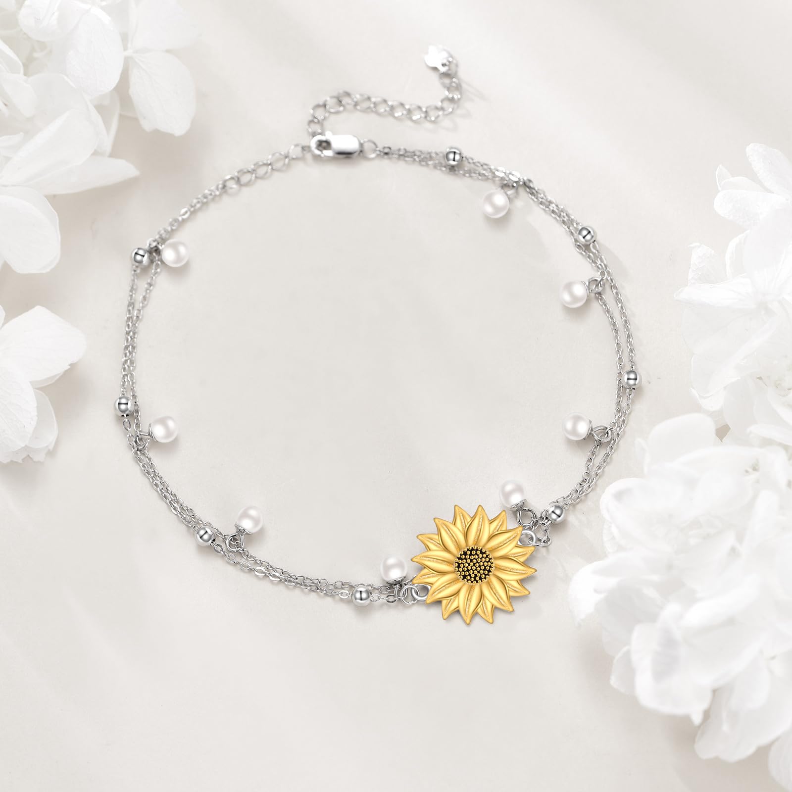 YAFEINI Bracciale/cavigliera a forma di girasole, in argento Sterling 925, con fiore, per donne e ragazze