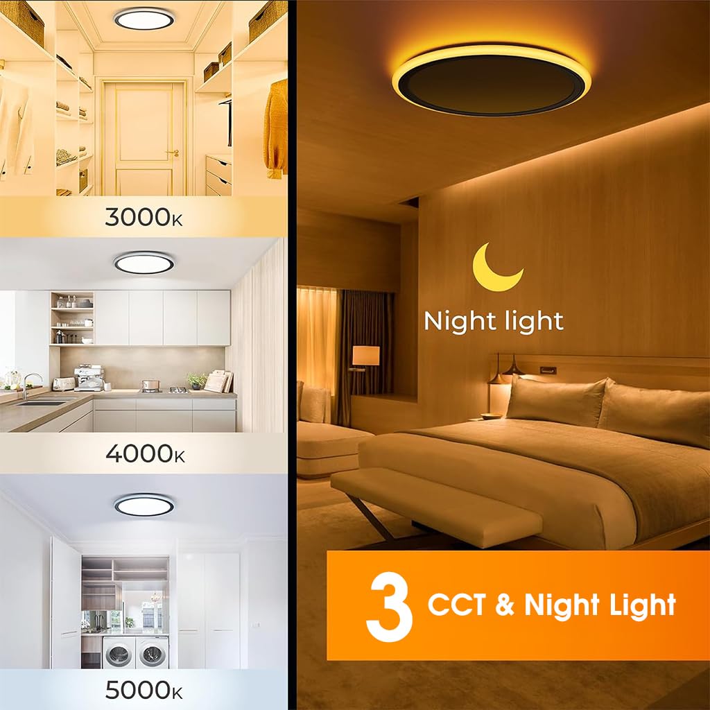 ELEPHANTBOAT plastic 12" Dimmable LED Ceiling Light with Remote Control, 24 W 3-Color Ceiling Light with Dim Night Light 1800k Warm, Round Flush LED Ceiling Lights (Black) 4