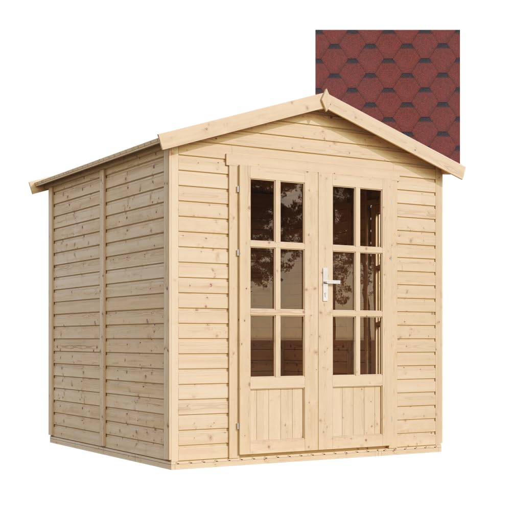 TIMBELA M351FB Cabane en Bois avec Plancher et Bardeaux Bitumineux Rouges, L233xP222xH233 cm – Abri Multifonctionnel, Bureau, Atelier, Studio Jardin