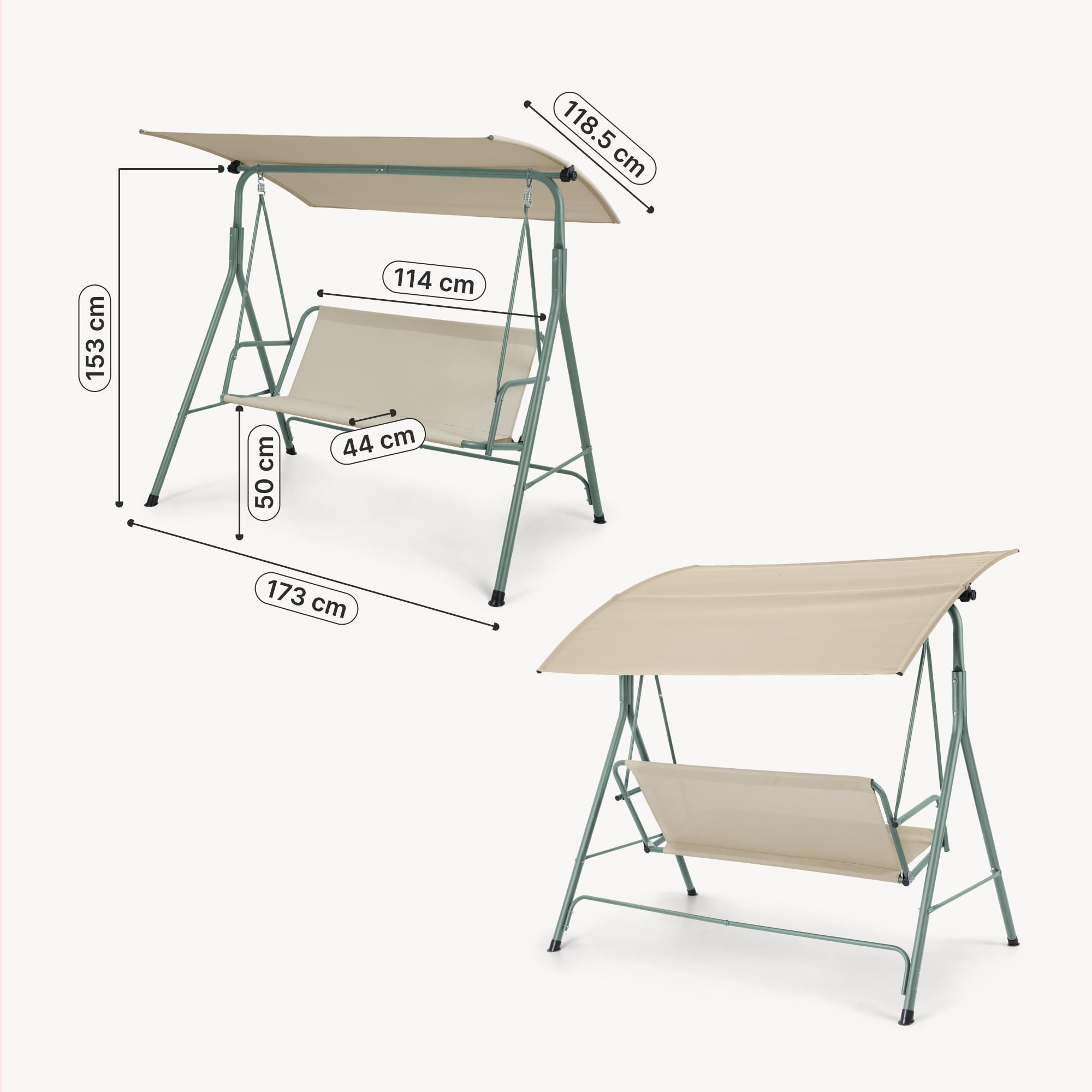 [en.casa] Hollywoodschaukel 3 Sitzer Satten Gartenschaukel Outdoor mit Gestell max. 220 kg mit Dach wetterfest Schaukelbank Balkon 173 x 119 x 153 cm Hellgrün/Beige