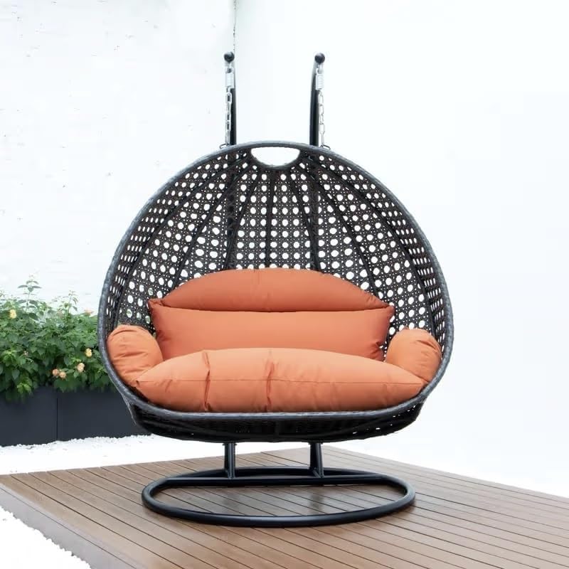 Image of Double Seater Hammock Swing Chair with Stand & Cushion | Heavy Duty Powder Coated Steel Frame | Outdoor Indoor Hanging Swing for Patio Balcony Garden Terrace Living Room (Black-Orange)