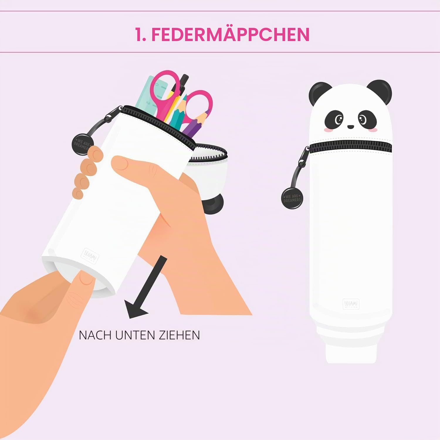 LEGAMI Set mit 10 radierbaren Gelstiften + Panda 2-in-1-Federmäppchen – mit thermoempfindlicher Löschtinte, einer Vielzahl von Tintenfarben und Schaftdesigns, 0,7 mm Spitze