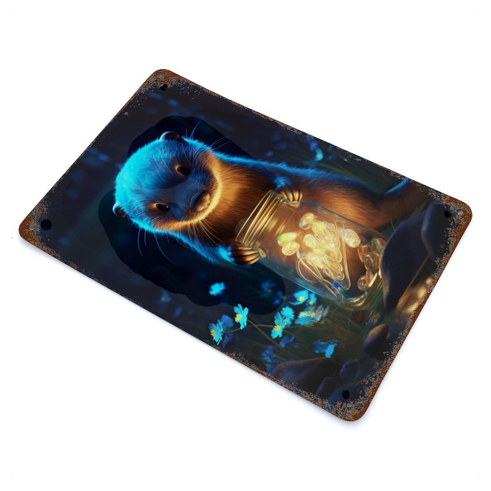 Rust Effect Cute Otter Luminous Glow Weathered Tin Sign 11.8"x7.9", Novelty Wall Decor for Office, Studio And Wall Decor