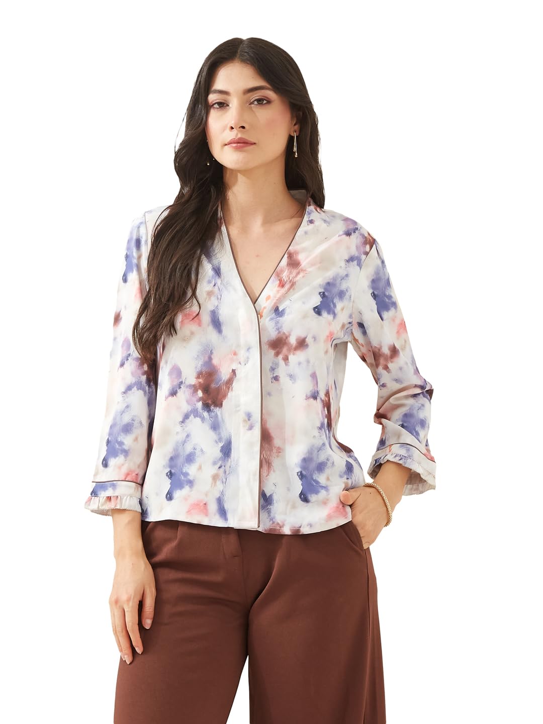 Latin Quarters Women Brown V- Neck 3/4 Sleeves Tie-Dye Casual Top-picture-18