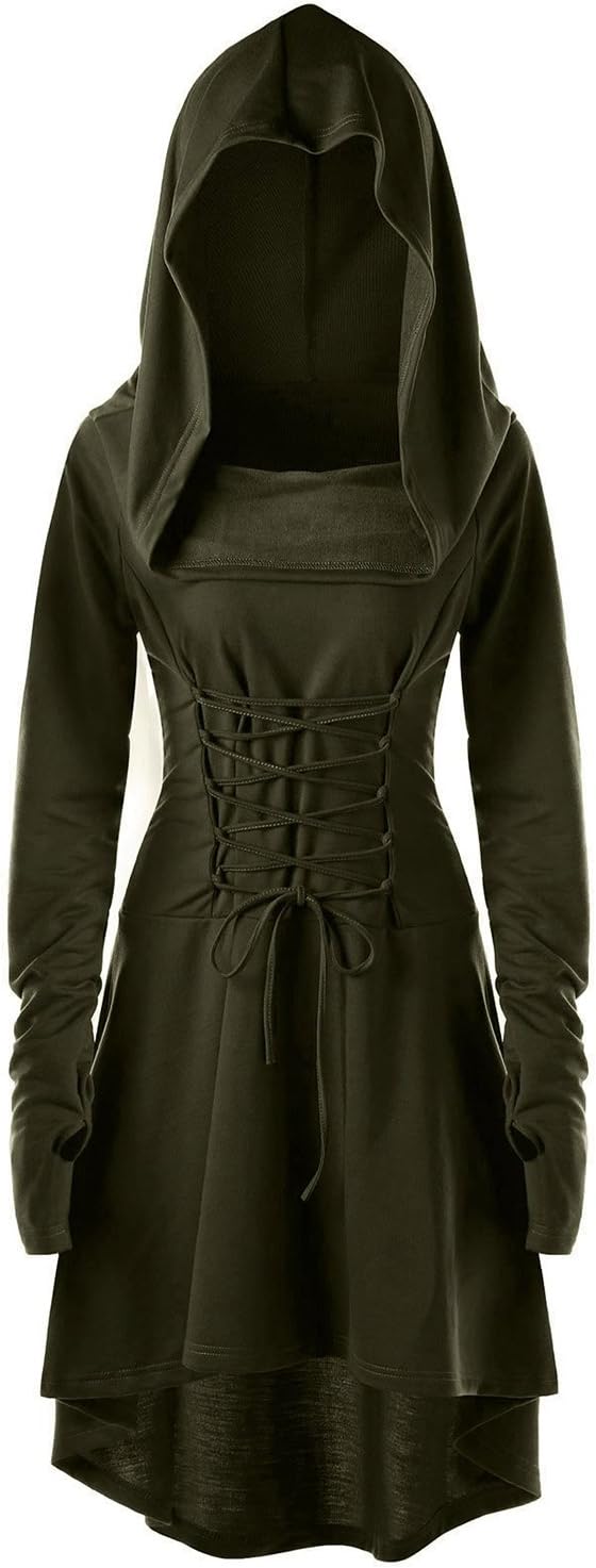 Womens Renaissance Costumes Hooded Robe Lace Up Vintage Pullover High Low Long Hoodie Dress