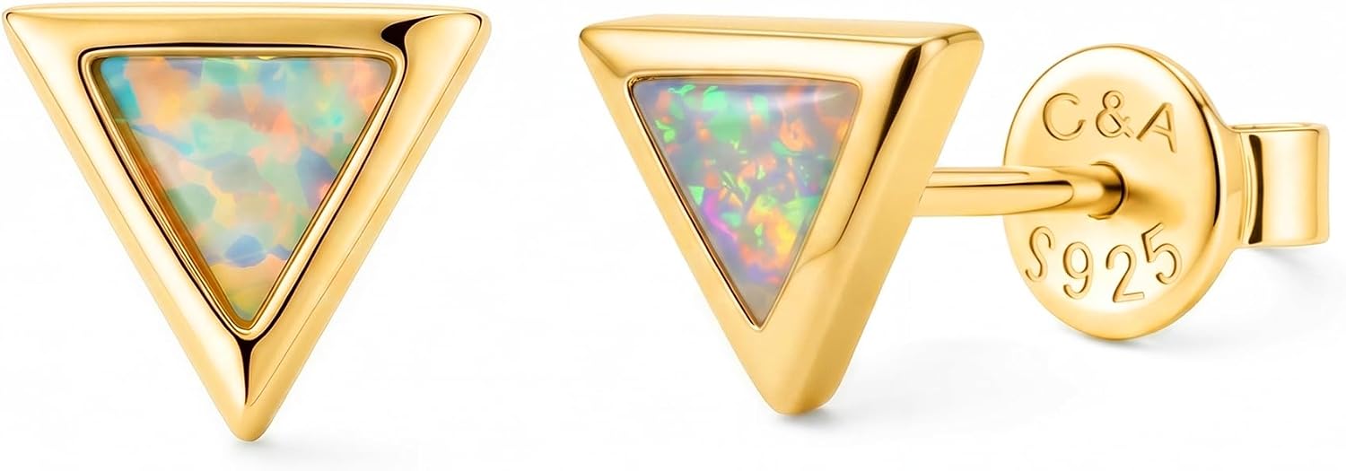 CHIC & ARTSY 925 Sterling Silver Triangle Stud Earrings, 18K Gold-Plated Hypoallergenic Earrings with Synthetic Opal/Cat's Eye/Abalone Shell for Women