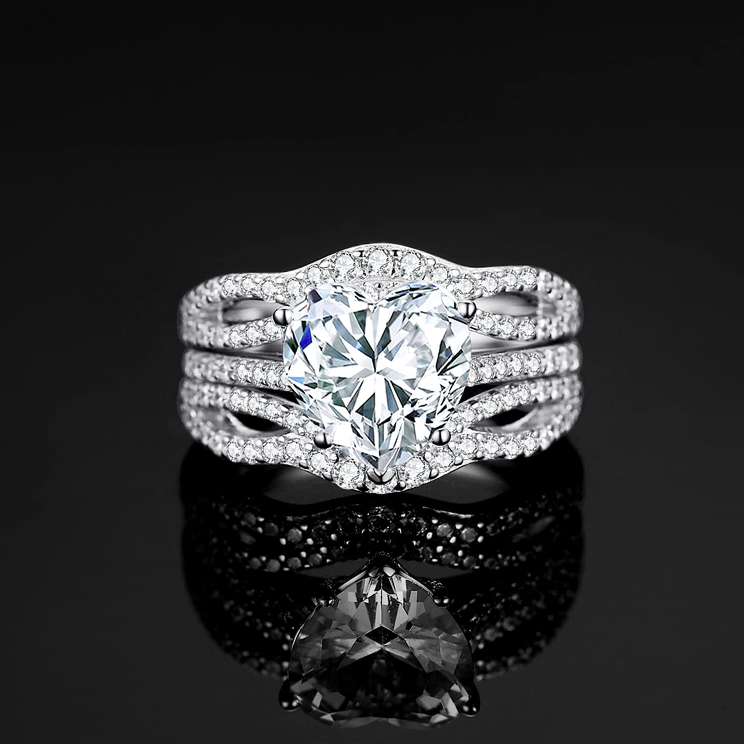 JewelryPalace Set Anillo Compromiso Mujer Plata Oro 14k Oro Rosa, Solitario Anillo Apilable 3ct Circonita Corte Corazón, Anillo Promesa Diamante Simulado, Banda de Boda Eternity Conjunto de Novia