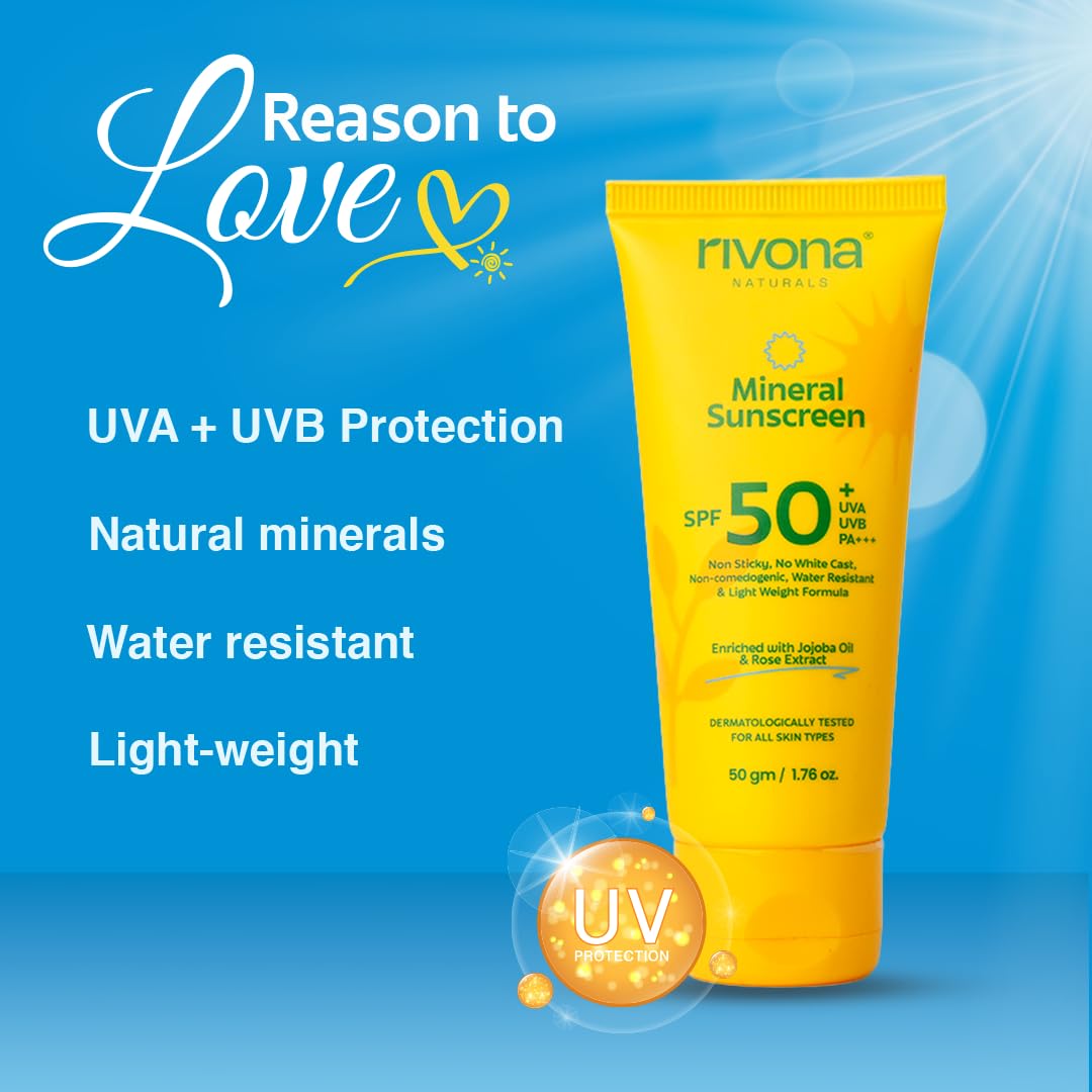 Rivona Naturals Mineral Sunscreen Spf 50 PA +++ for Acne-prone skin| UVA and UVB filters| No White Cast| Non-Oily, Non-Sticky and Water resistant Formula | For dry, oily and sensitive skin| 50 gm 3