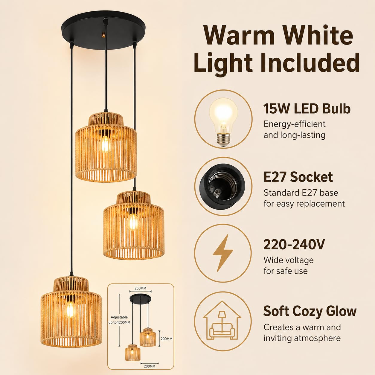 Lampada a Sospensione in Rattan Boho, Lampadario Japandi E27 con LED 15W Giallo Calda, Cavo Regolabile 120 cm, Ø20 cm, per Sala da Pranzo, Cucina e Camera da Letto,3 Light