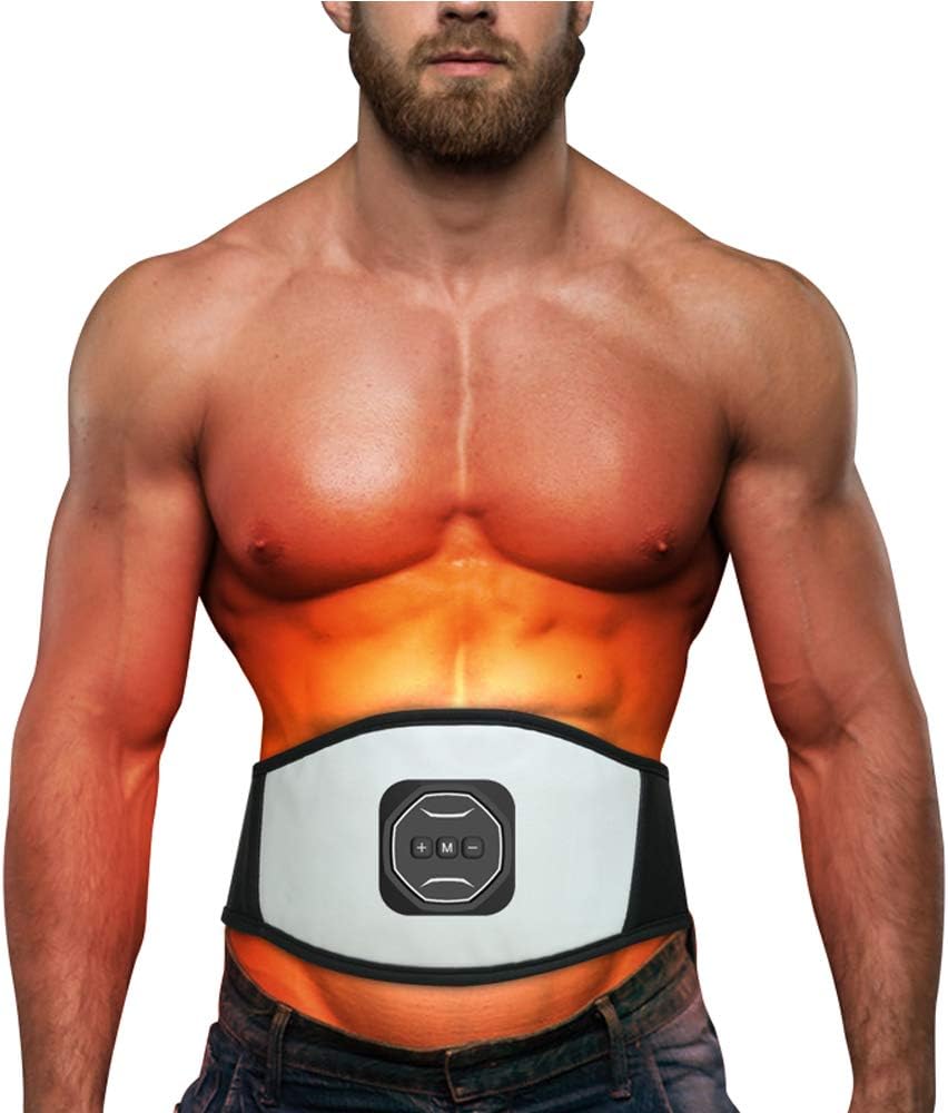 EMS Muscle Stimulator, ABS Trainer, Abdominal Muscle Trainer Belt, Exercise Equipment with Mild Heat, Waist Trainer with 6 Massage-Mode for Men Women