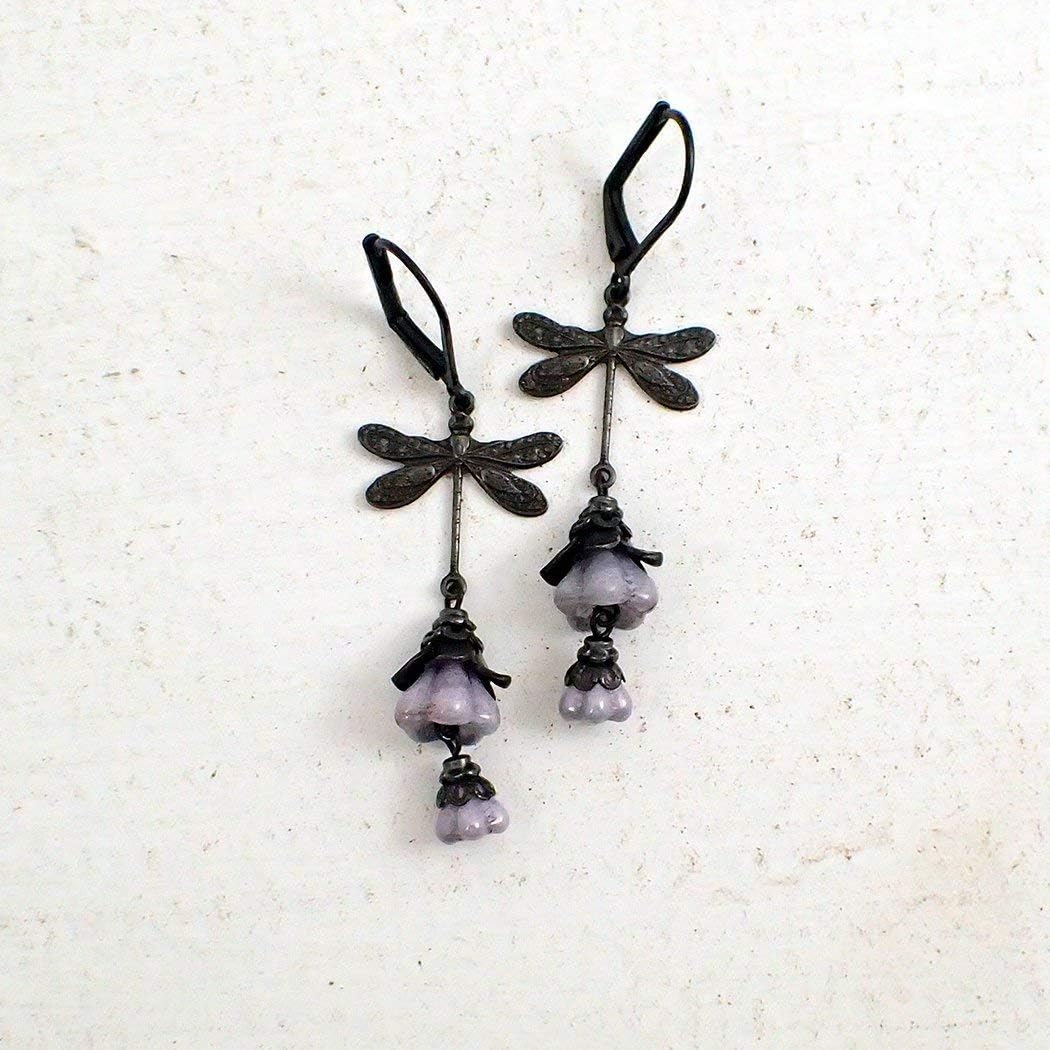 Handmade Black Dragonfly Floral Drop Earrings with Lavender Flower Dangles