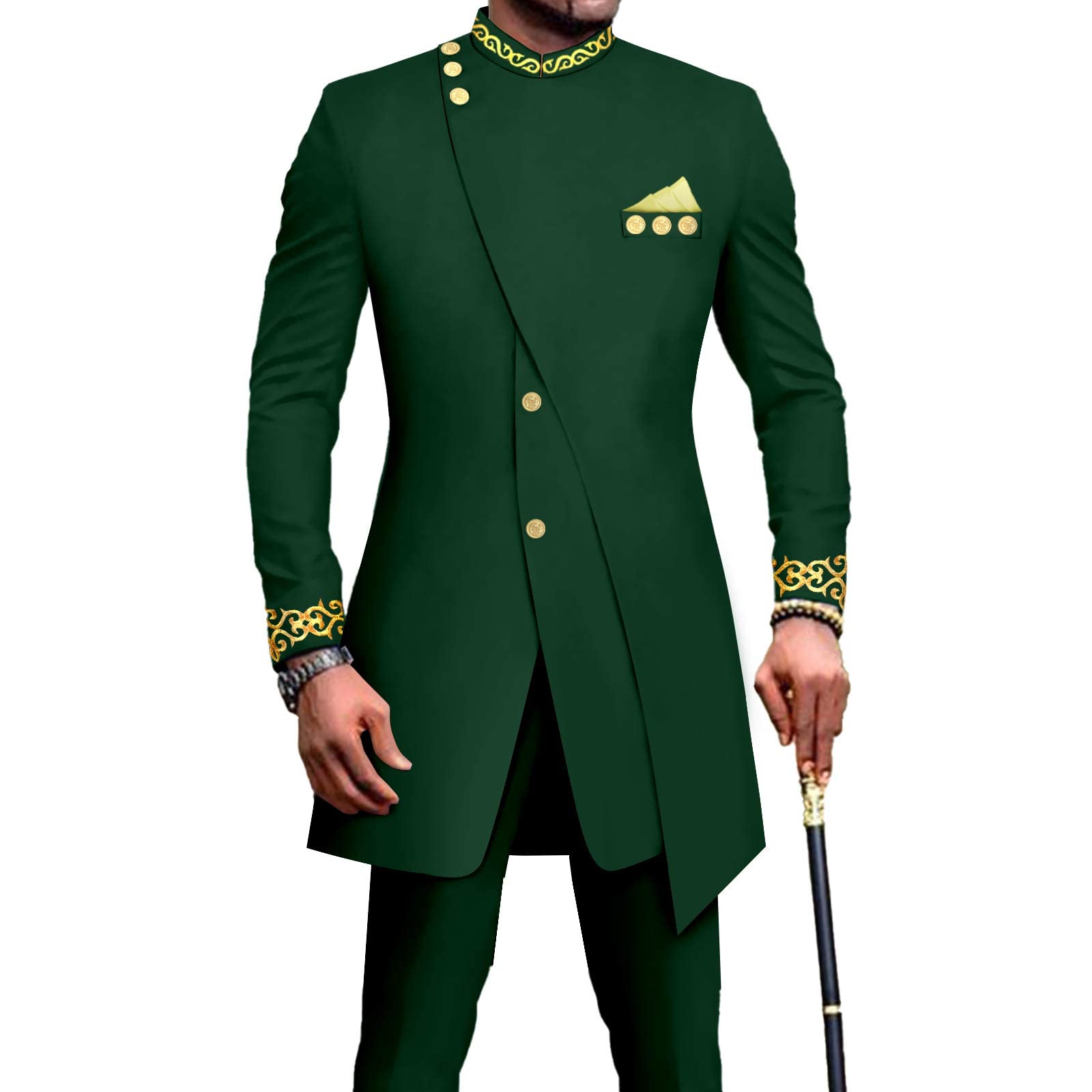 Africa-Pride Men's Green African Suits For Slim Fit Embroidery Blazer And Pants Set Business Dress Suit Party Wedding Evening, Xl