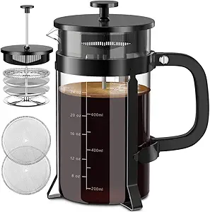 QUQIYSO French Press Coffee Maker 34oz 304 Stainless Steel French Press with 4 Filter, Heat Resistant Durable, Easy to Clean, Borosilicate Glass Coffee Press, 100% BPA Free Glass Teapot, Black