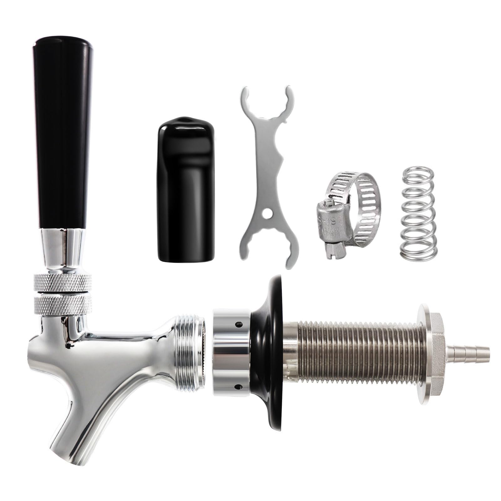 3" beer faucet Shank Stainless Steel Core Beer Faucet 1/4"Barb Draft Beer Faucet Beer Shank Chrome Plated Beer Tap Faucet for Homebrew Kegerator Parts with Spanner Wrench Hose Clamp Tap Brush