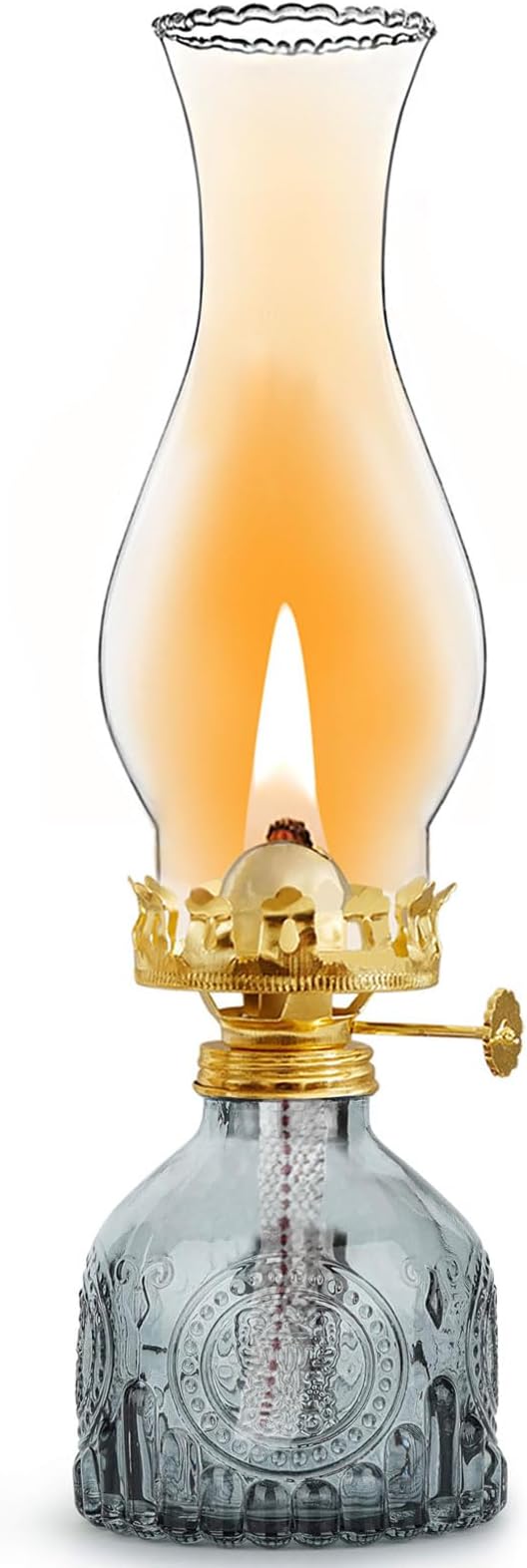 Oil Lamps for Indoor Use -11''×3'' Grey Vintage Kerosene Lamp Crimped Top Chimney Beautifully Carved Oil Lamp for Home Tabletop Emergency Lighting Decor Oil Lamp Props