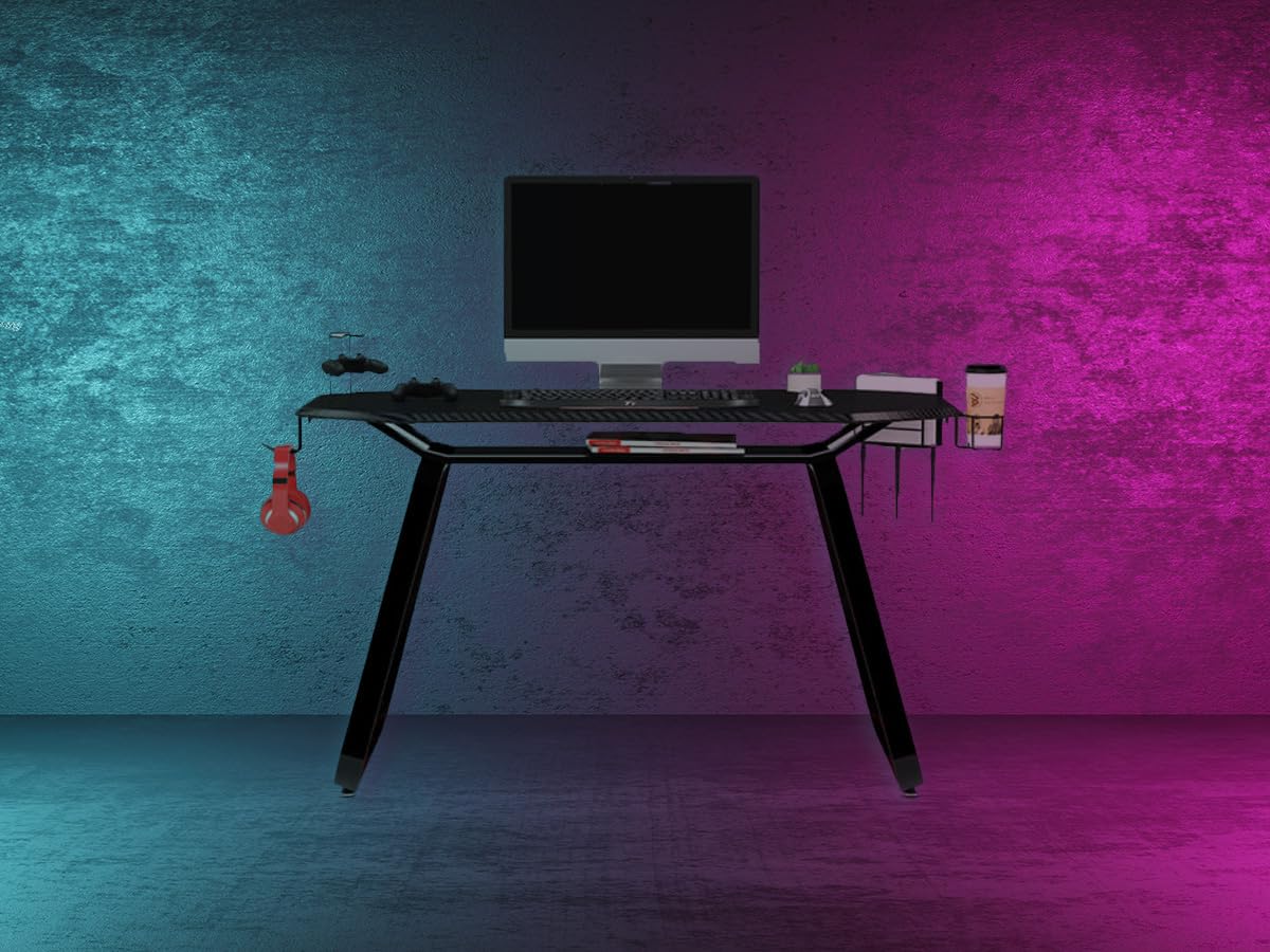 YELLOO - Scrivania Gaming per Computer, Scrivania Nera in Fibra di Carbonio Grande, Sceivanie per Cameretta Adatta per 1 Monitor Grande o 2 Monitor di Medie Dimensioni, Accessori Inclusi (GAMING GT10)