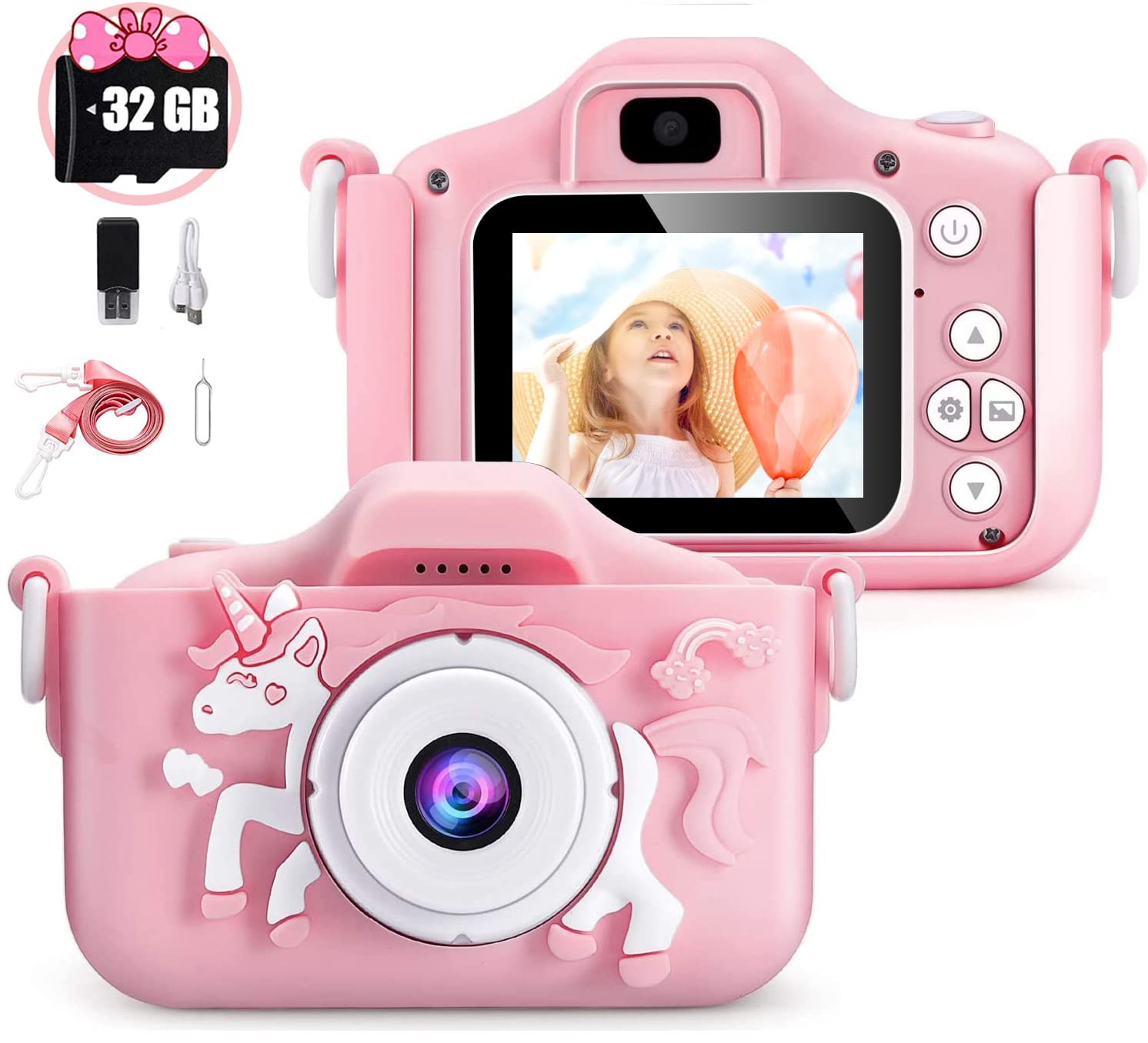 Aparat dziecięcy z miękkim silikonowym etui z kreskówki, dla dzieci od 4, 5, 6, 7, 8 lat, z kartą SD 32 GB, ekran 2,0", 1080p HD, 20 MP, aparat dla dzieci dla chłopców i dziewczynek, zabawka, prezent