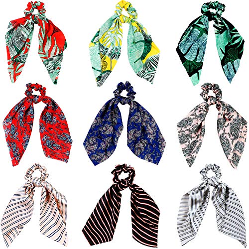 9 Pieces Hair Scrunchies Satin Silk Elastic Hair Band Scarf Ponytail Holder Scrunchy Ties Vintage Hair Accessories for Women Girls (Long Scarf Style)