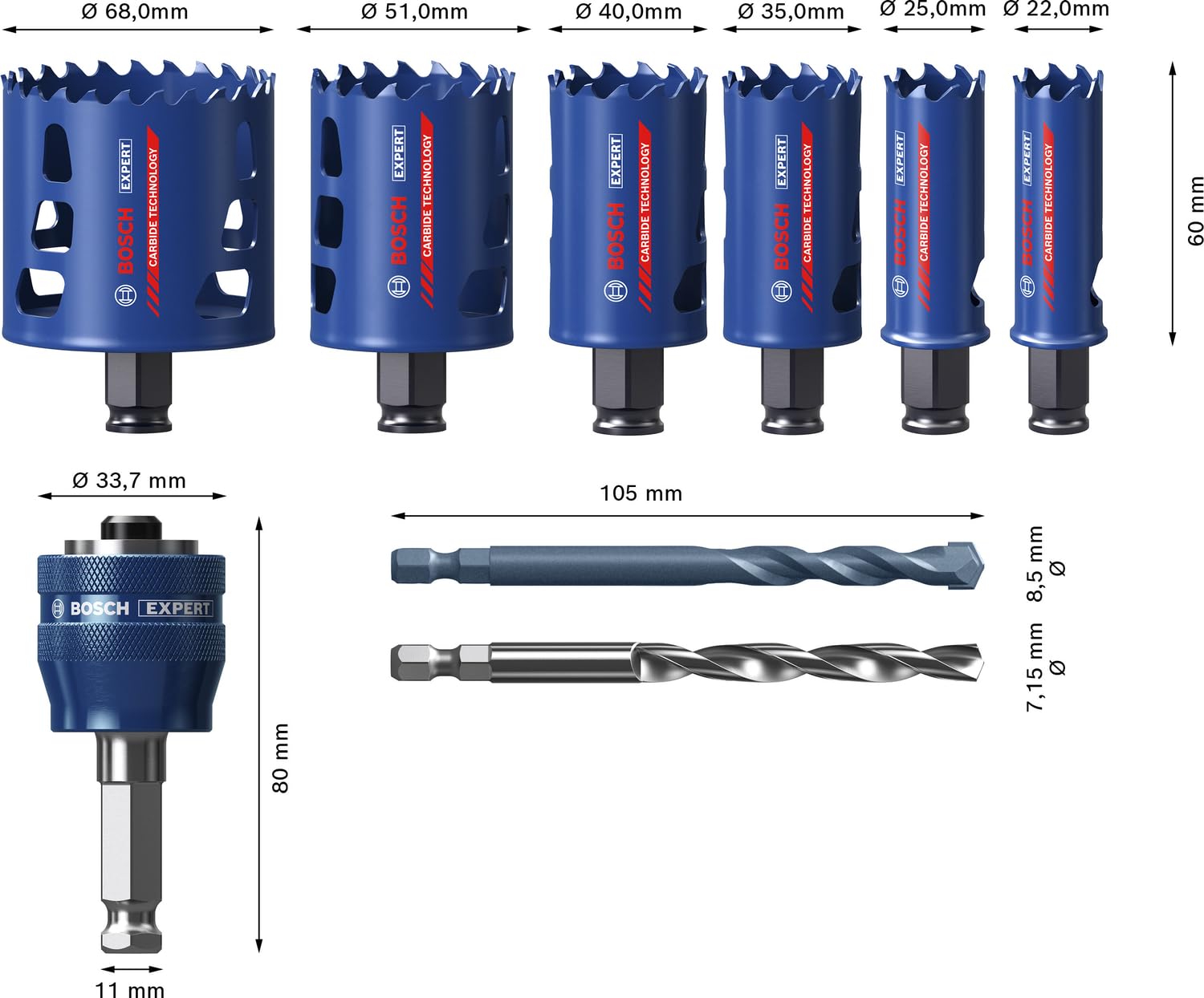 Bosch 9x Set di seghe a tazza universali EXPERT Multi Material PC Plus (per Legno con metallo, Mattone, Ø 22, 25, 35, 40, 51, 68 mm, Professional Accessorio Trapanoi)
