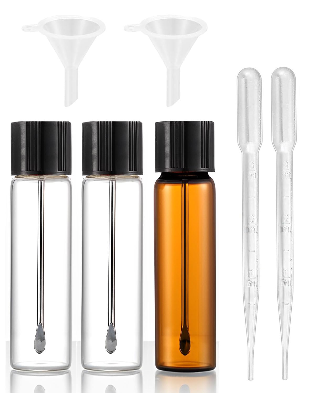Fiale da laboratorio,3 pcs Flaconcini per campioni in vetro trasparente,contenitori per medicinali in vetro da 65 mm con cucchiaio + 2 imbuti + 2 contagocce (2 trasparenti + 1 marrone)