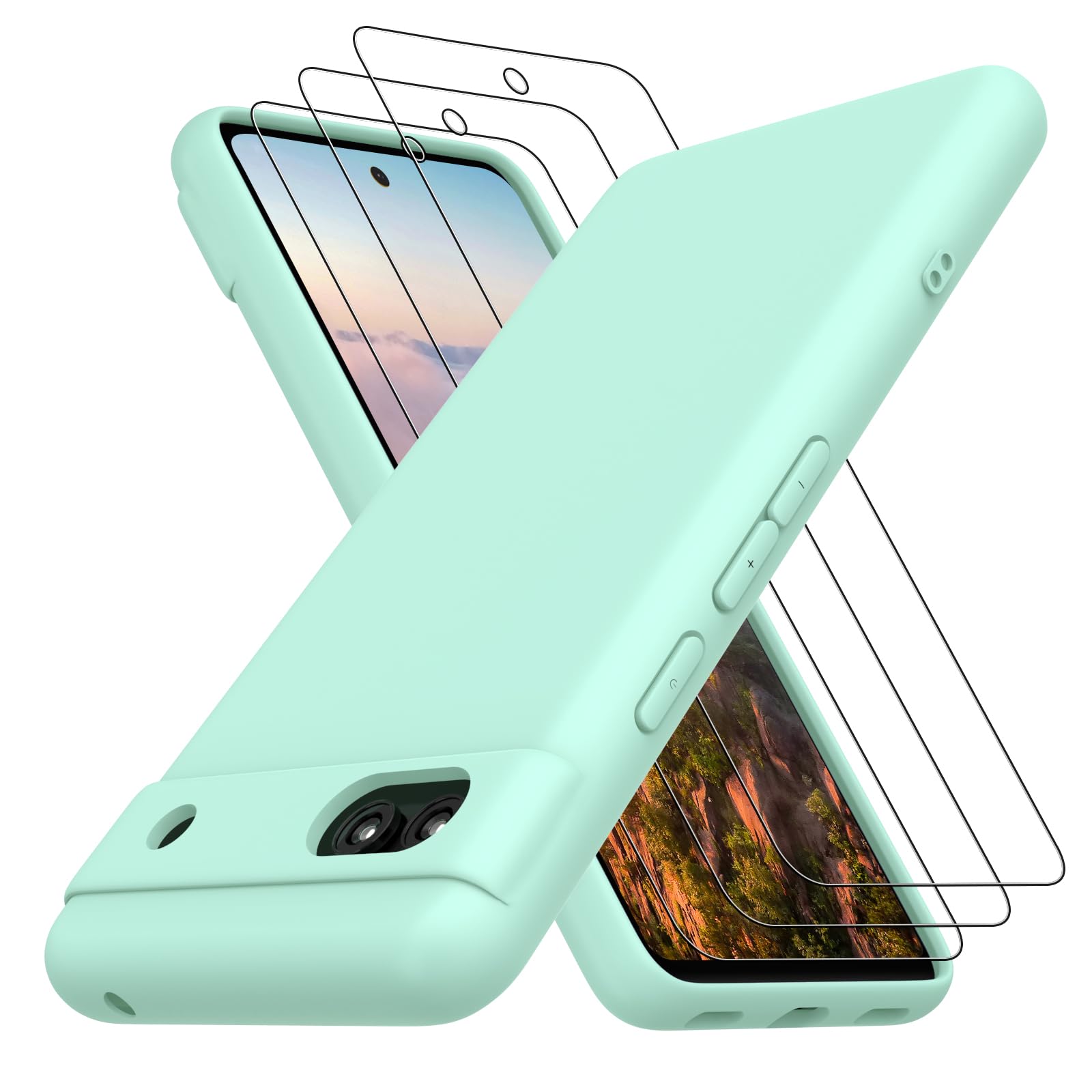 Neseovge for Google Pixel 7A Phone Case with 3 Pack Tempered Glass Screen Protectors, Soft Liquid Silicone TPU with Microfiber Liner Full-Body Protective Cover Case for Google Pixel 7A, Light Cyan