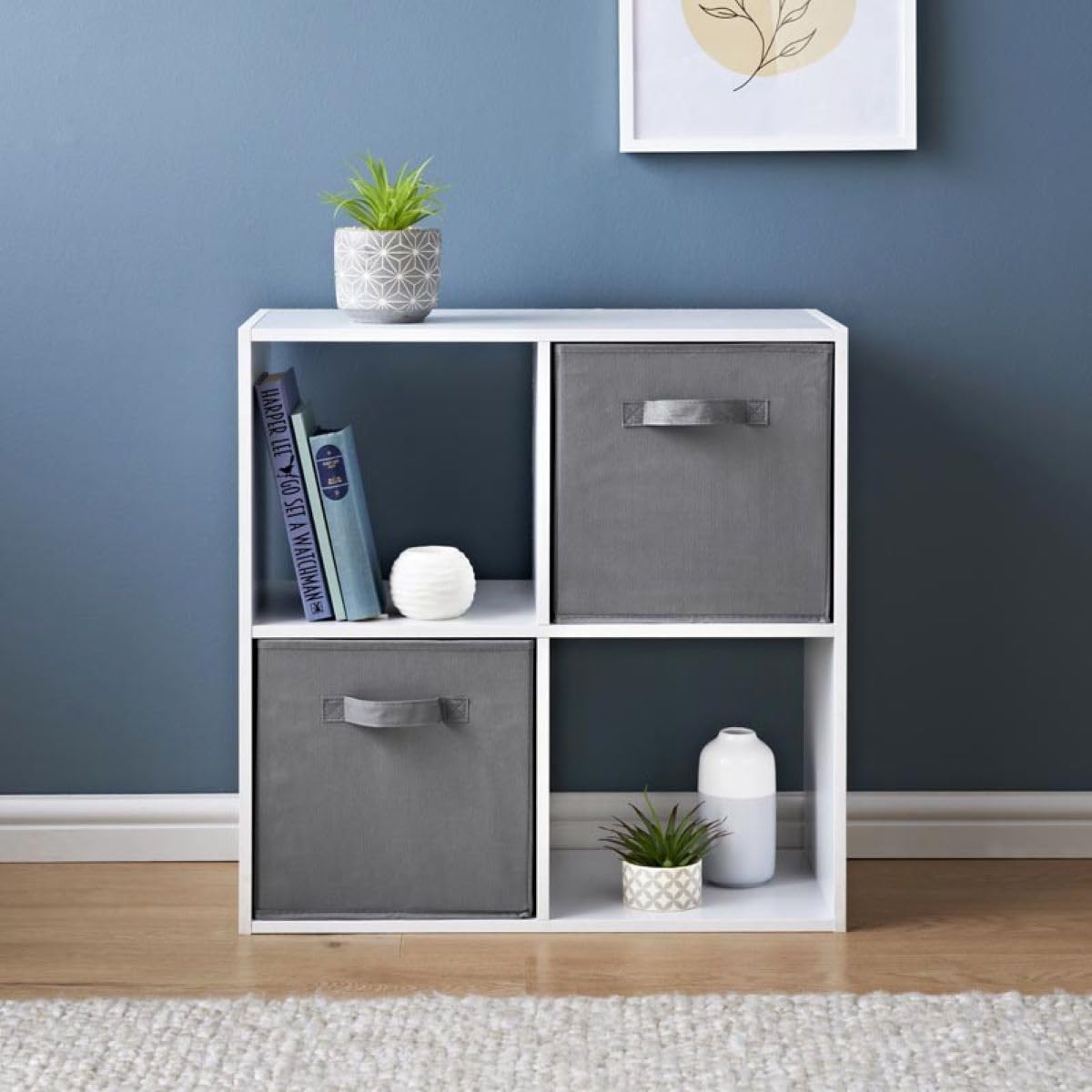 spot on dealz® Wooden Storage Shelving Unit Bookcase Home Office Use Display Furniture Living Room Décor Easy to Build (4 Cube 2 Basket)
