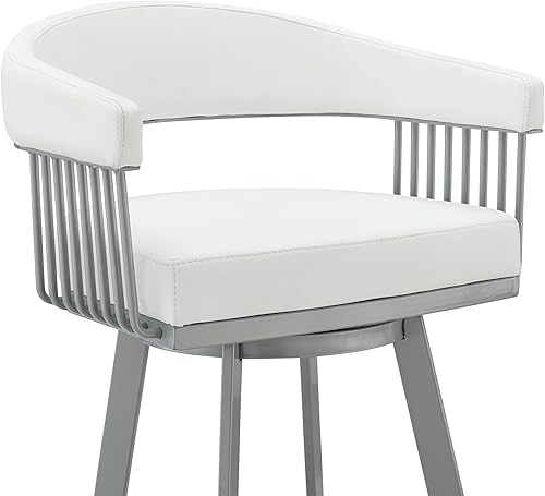 Miniatura 8 de Armen Living Chelsea Taburete giratorio de 25 pulgadas de altura de mostrador en acabado plateado y piel sintética blanca