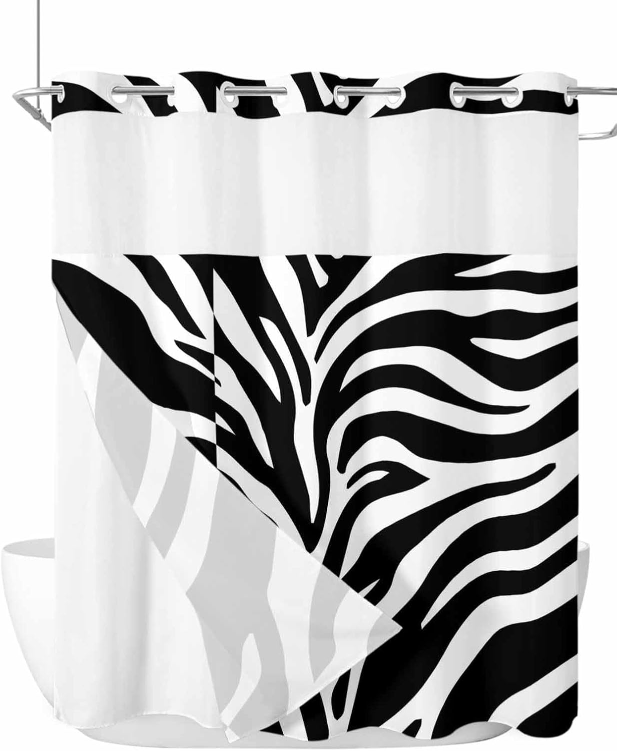 SEVENBABU White Zebra Striped No Hook Shower Curtain with Snap in Liner Waterproof Fabric Shower Curtain Set for Bathroom Animals Fur Abstract Art Shower Curtain with See Through Top Window 72"x72"