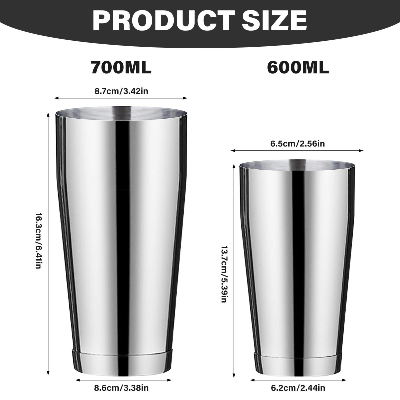 BAIFULAI Boston Cocktail Shaker, 700 ml e 600 ml, shaker Boston in acciaio inox e pesato, 2 pezzi, shaker per principianti e professionisti, bar party