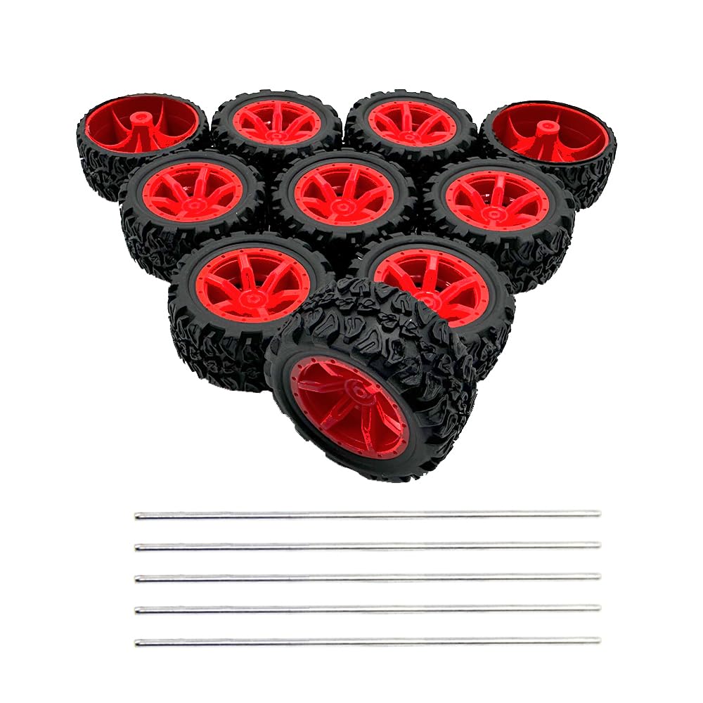 10PCS Toy Car Wheels 34mm Toy Car Rubber Tire Wheels with 5PCS Shaft Round Rod Axles for RC Car Truck Robot DIY Model Toy Parts (2x15x34mm)