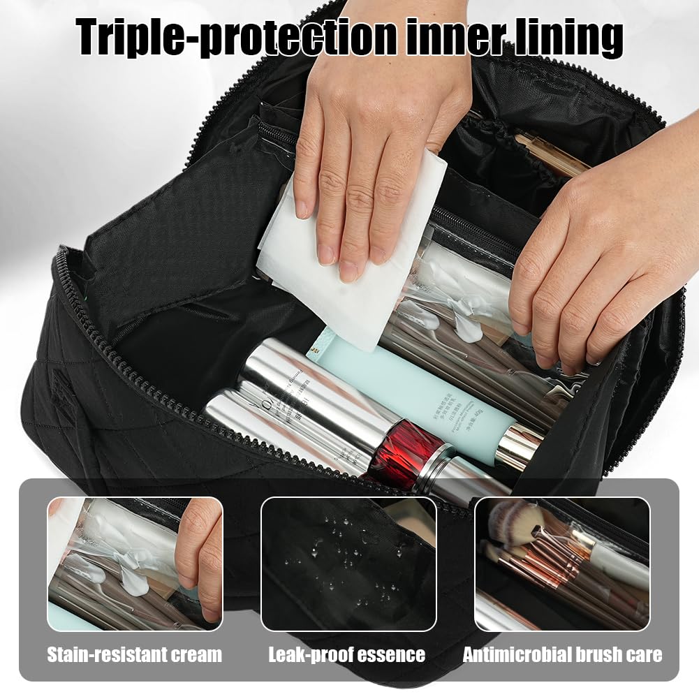 URAQT Trousse de Maquillage Femme, Trousse de Toilette Grande, Sac Cosmétique de Voyage Léger avec Compartiments, Ouverture à Plat avec Poignées, Lavable en Machine pour Voyage Bureau Quotidien Noir - 3