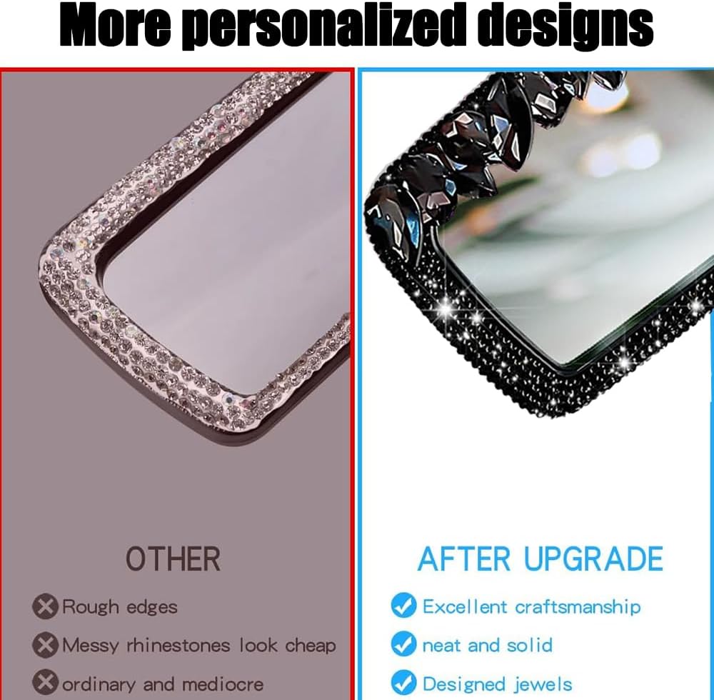 Bling Car Rearview Mirror Decorations with HD Glass Rhinestone Diamond Accents Automotive Interior Accessories for Women (Black)