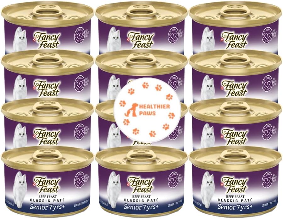 Healthier Paws Fancy Feast High Protein Senior Gravy Wet Cat Food, Beef Feast Classic Paté Senior 7+ Pack of 12 Cans (3 oz) Sticker Plus…
