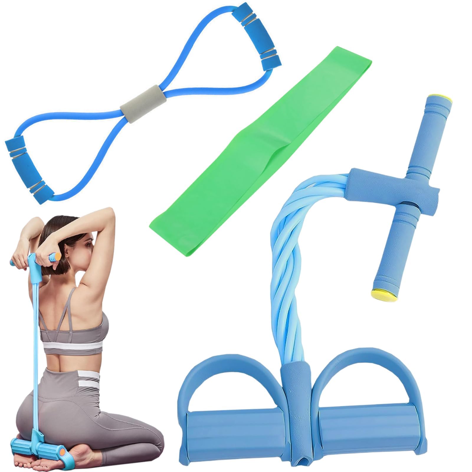 XoeLLe Resistance Bands Set, Figure 8 Stretch Exercise Band, Sit-up Pull Rope Fitness, Tension Rope Sport Trainer, Tummy Trimmer, Home Gym Equipment for Women/Men, Arm Leg Slimming Training (blue)